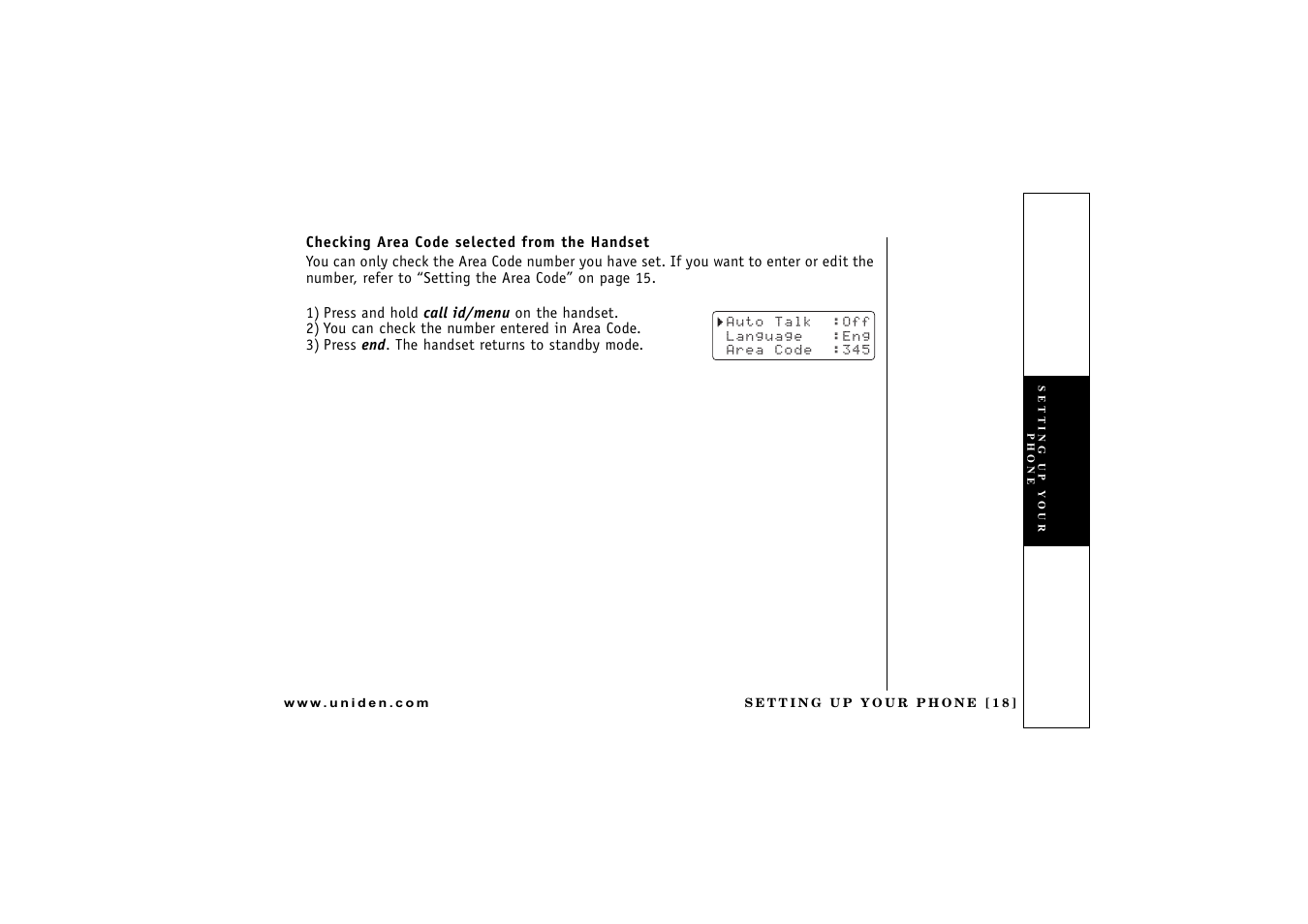 Checking area code selected from the handset | Uniden CXAI 5198 User Manual | Page 19 / 68