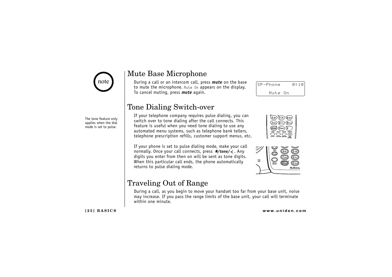 Mute base microphone, Tone dialing switch-over, Traveling out of range | Uniden CXAI 5198 User Manual | Page 26 / 68