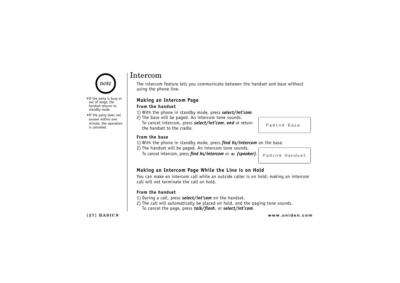 Intercom, From the handset, From the base | Uniden CXAI 5198 User Manual | Page 28 / 68