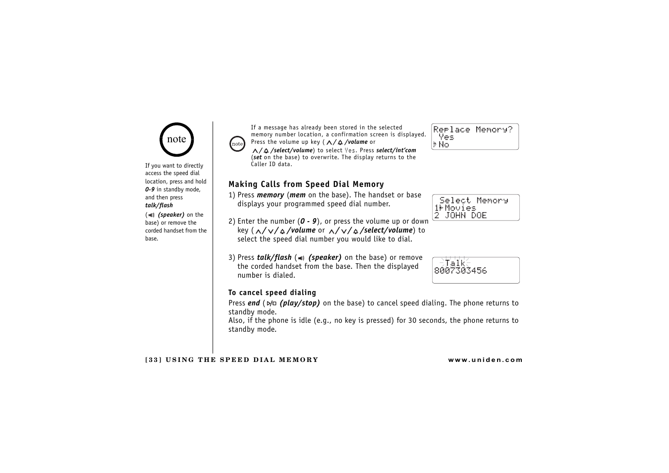 Making calls from speed dial memory, To cancel speed dialing | Uniden CXAI 5198 User Manual | Page 34 / 68