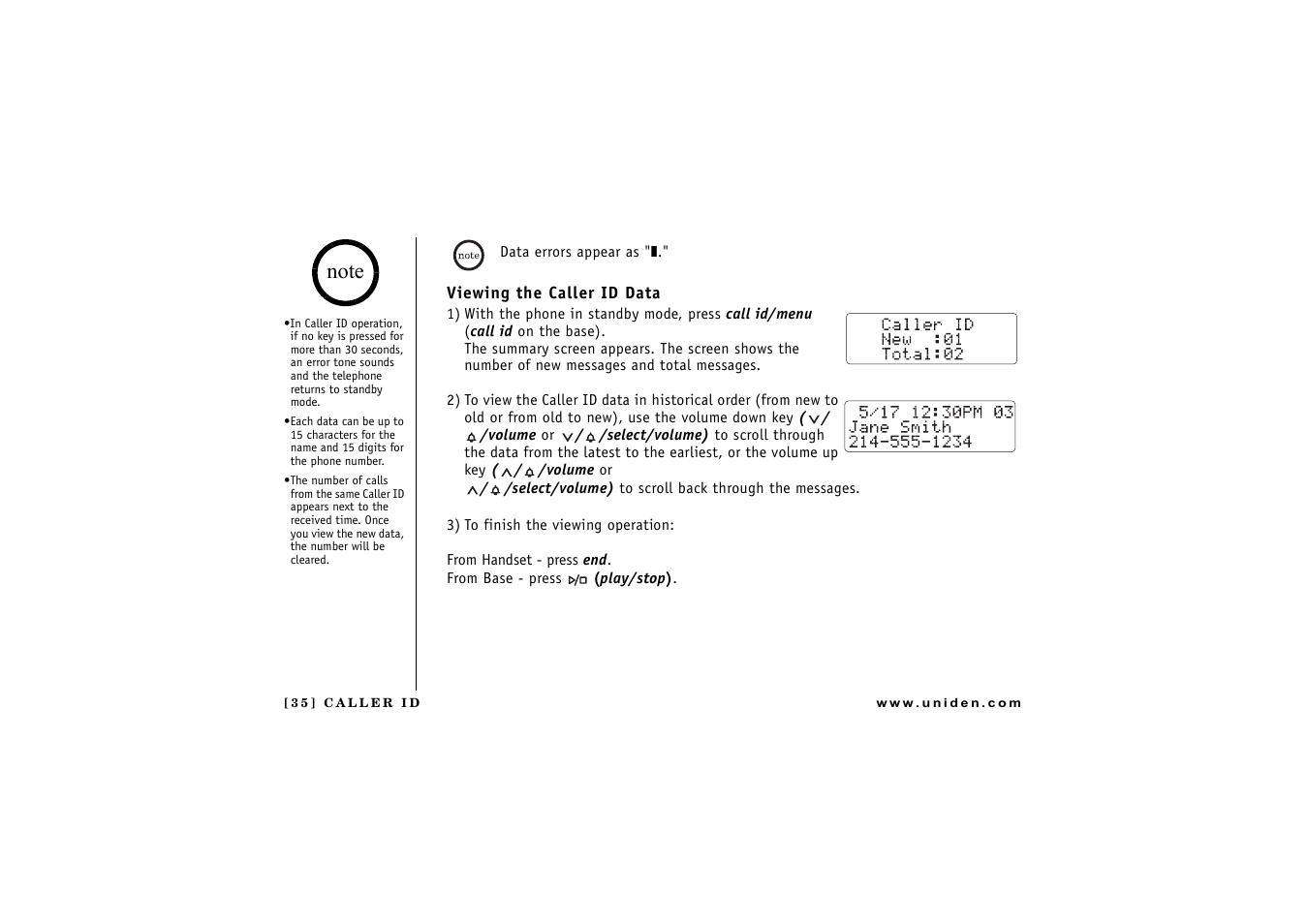 Viewing the caller id data | Uniden CXAI 5198 User Manual | Page 36 / 68