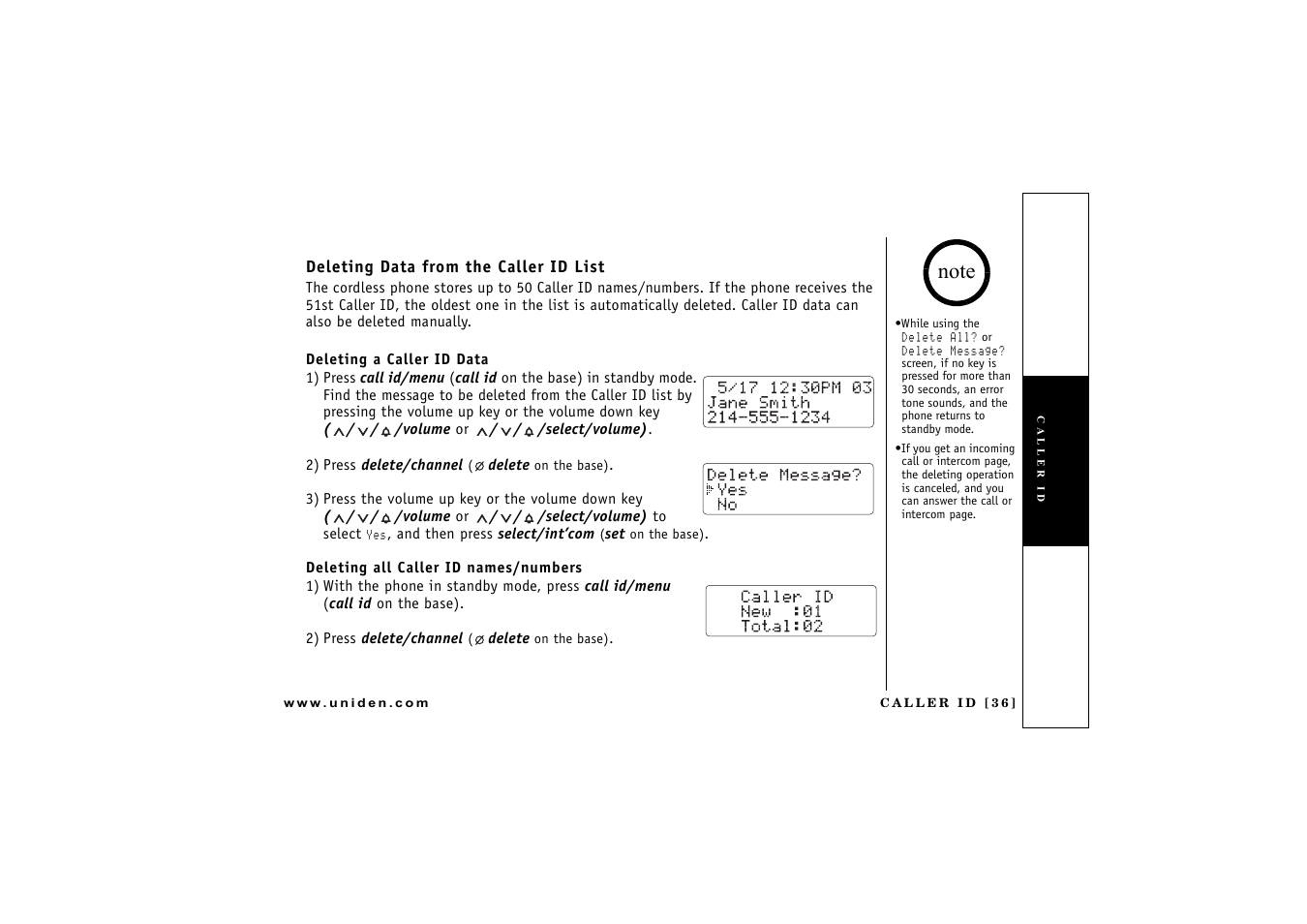 Deleting data from the caller id list, Deleting a caller id data, Deleting all caller id names/numbers | Uniden CXAI 5198 User Manual | Page 37 / 68