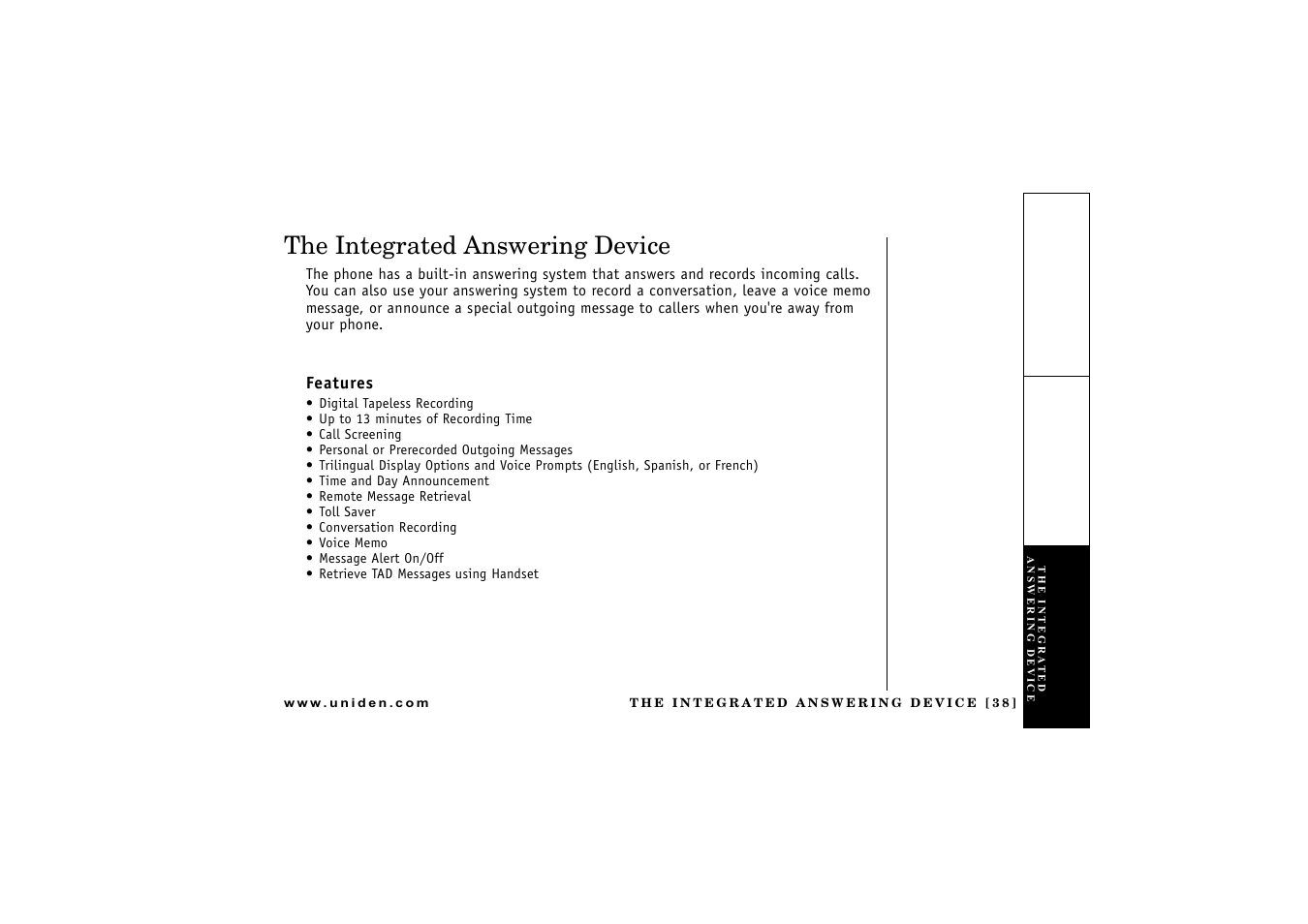 The integrated answering device, Features | Uniden CXAI 5198 User Manual | Page 39 / 68