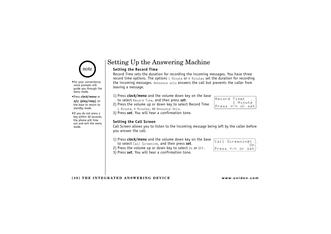 Setting up the answering machine, Setting the record time, Setting the call screen | Uniden CXAI 5198 User Manual | Page 40 / 68