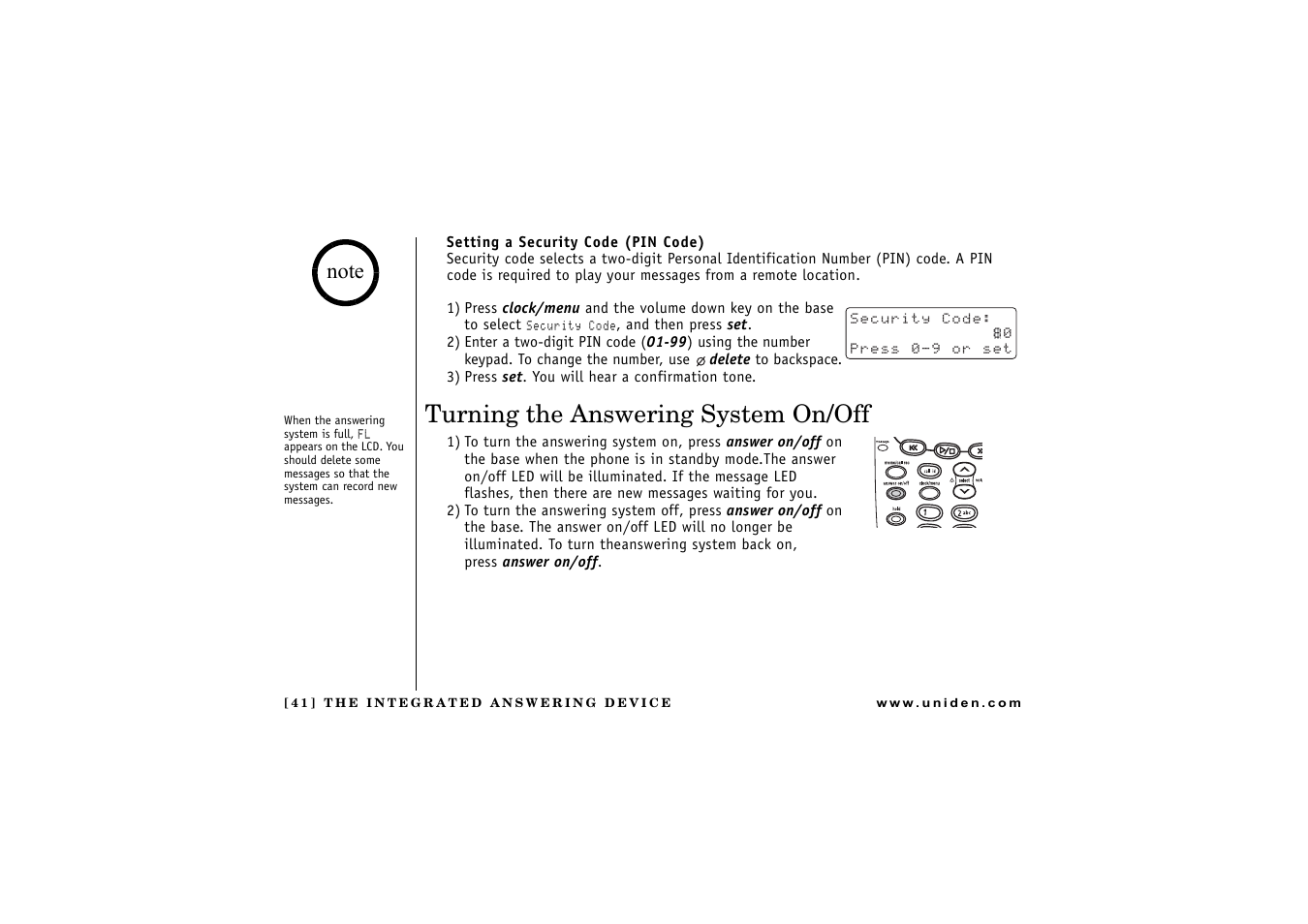 Setting a security code (pin code), Turning the answering system on/off | Uniden CXAI 5198 User Manual | Page 42 / 68