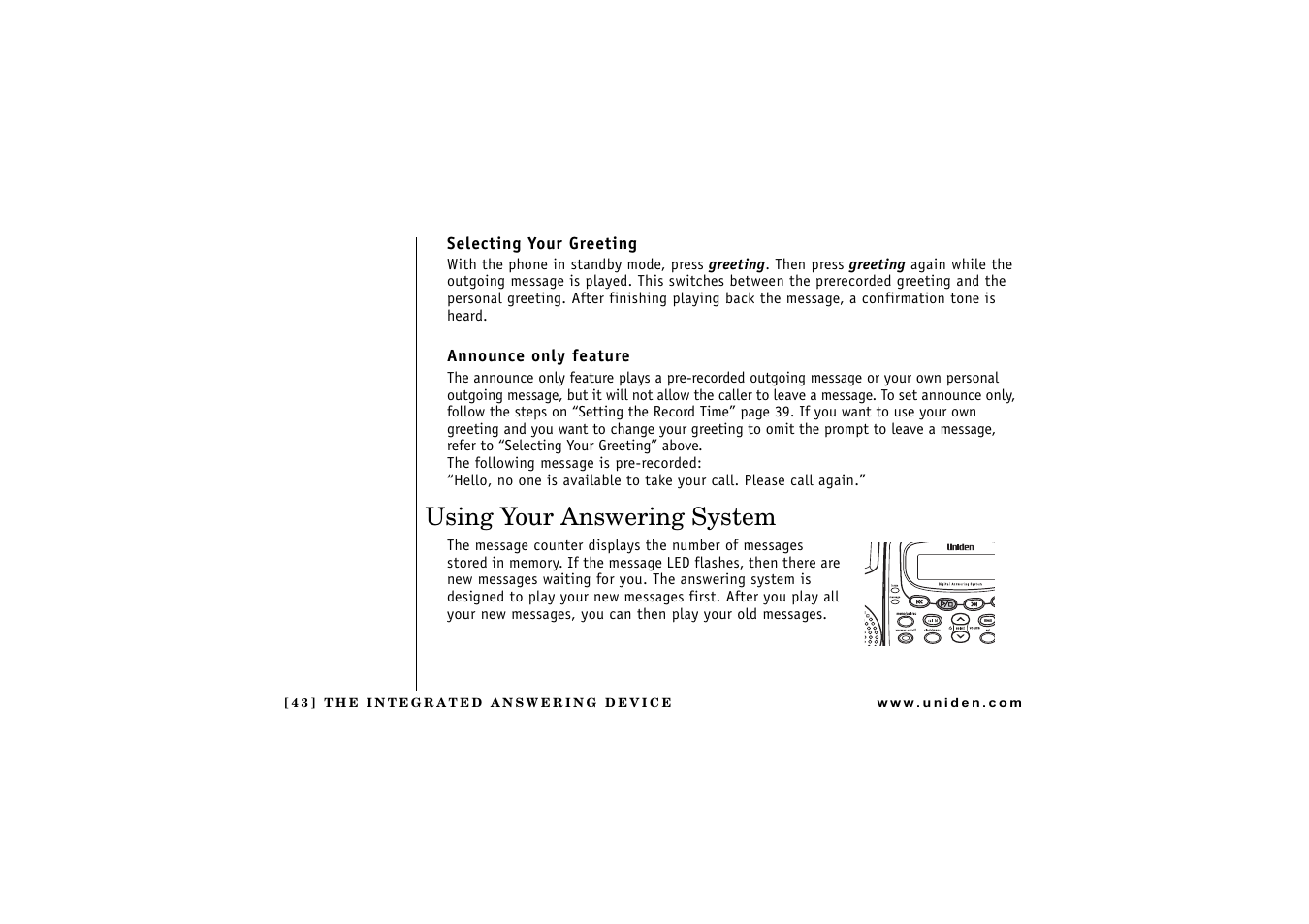 Selecting your greeting, Announce only feature, Using your answering system | Uniden CXAI 5198 User Manual | Page 44 / 68