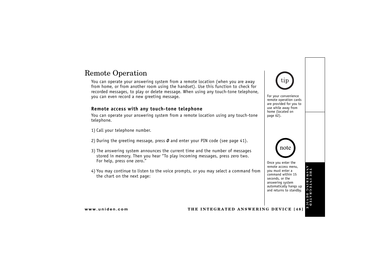 Remote operation, Remote access with any touch-tone telephone | Uniden CXAI 5198 User Manual | Page 49 / 68