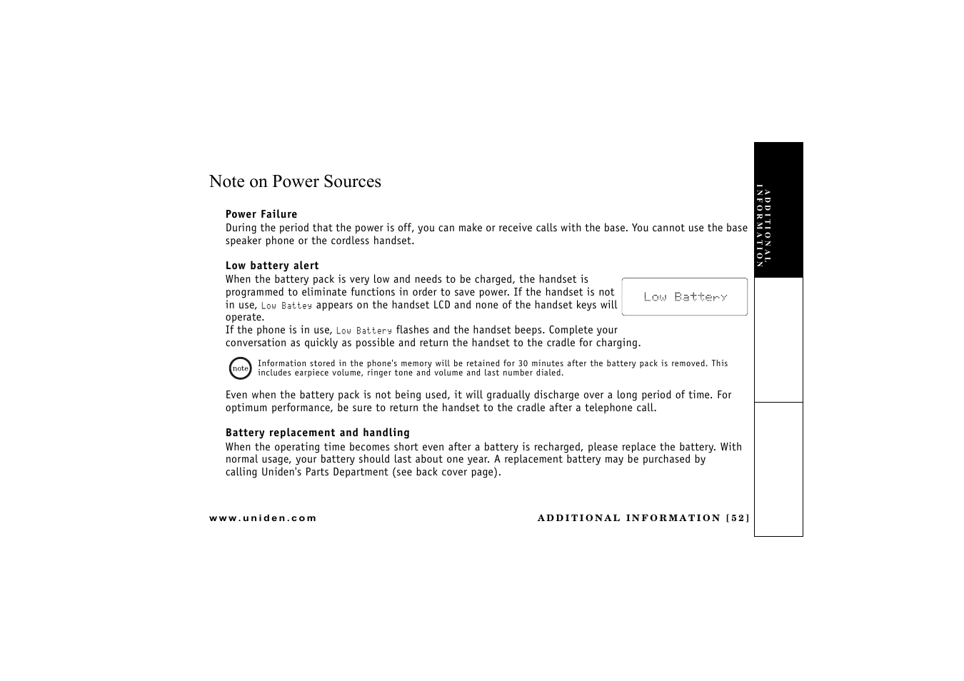 Note on power sources, Power failure, Low battery alert | Battery replacement and handling, Additional information | Uniden CXAI 5198 User Manual | Page 53 / 68