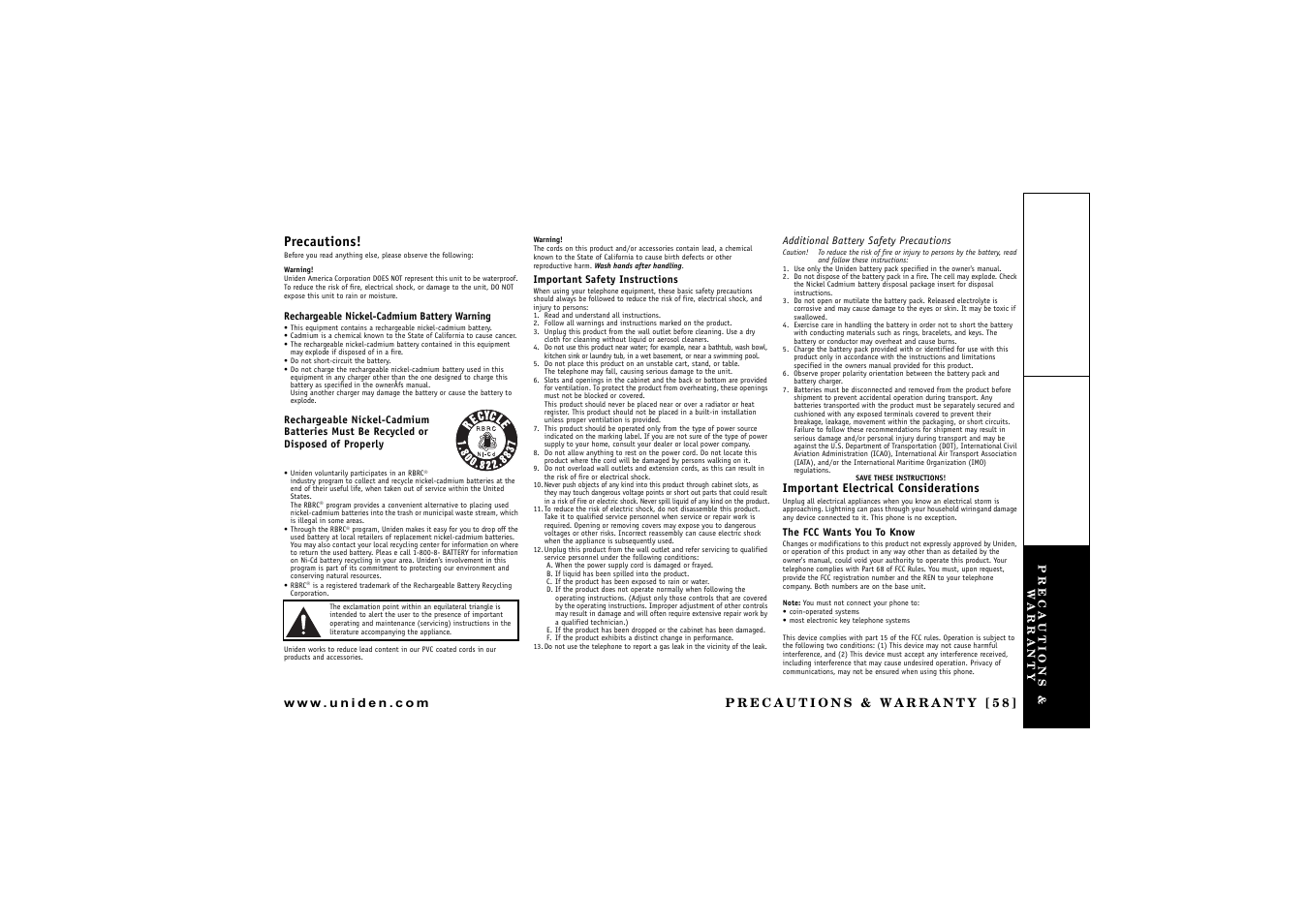 Precautions & warranty, Precautions, Important electrical considerations | Uniden CXAI 5198 User Manual | Page 59 / 68