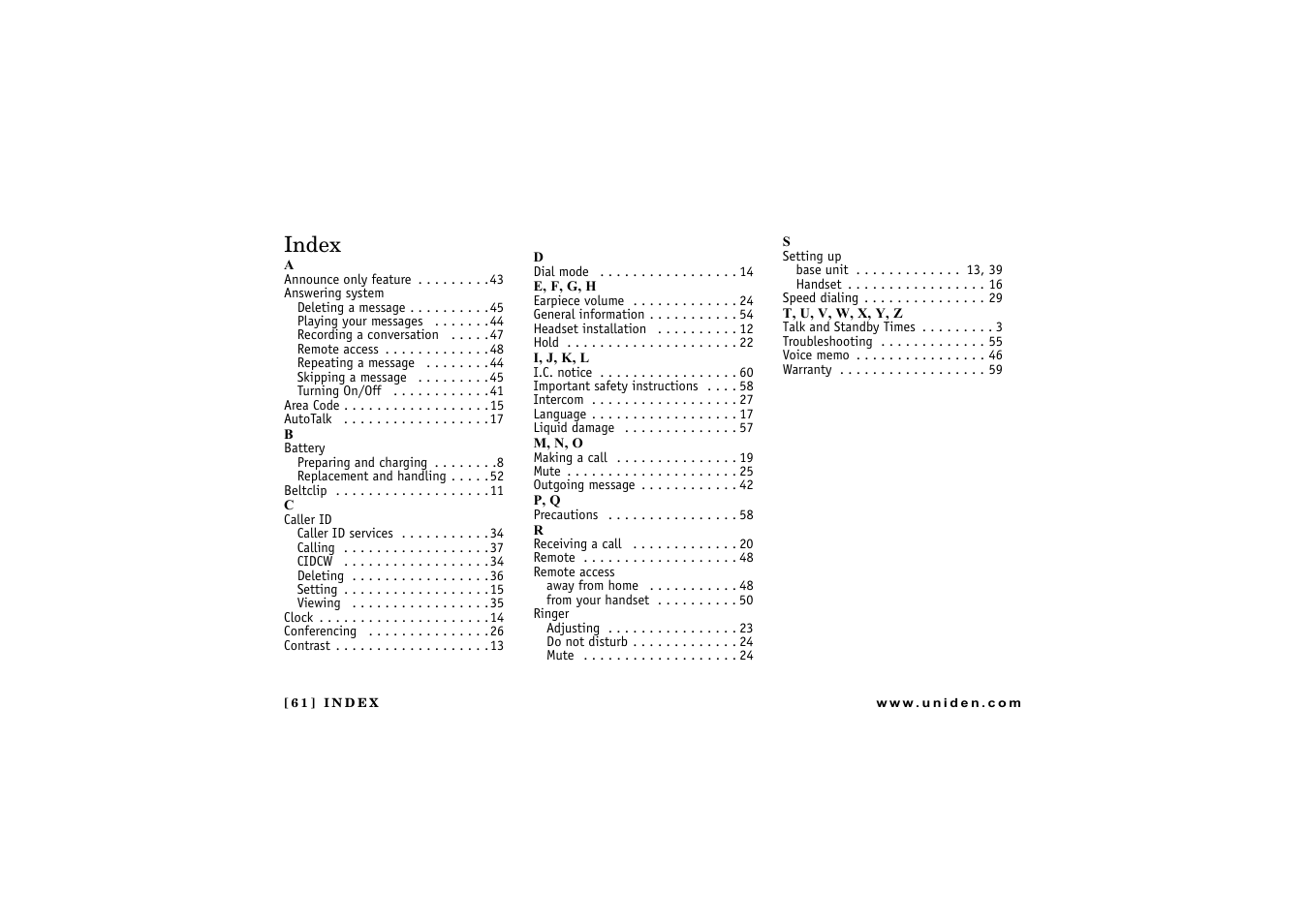 Index | Uniden CXAI 5198 User Manual | Page 62 / 68