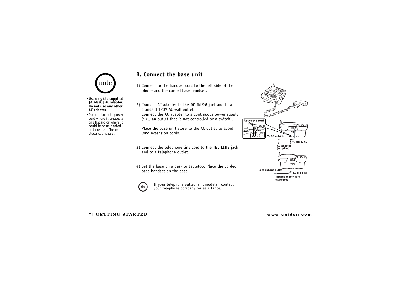 B. connect the base unit | Uniden CXAI 5198 User Manual | Page 8 / 68