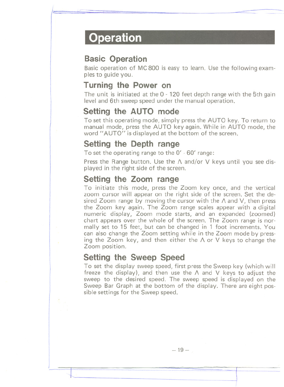 Basic operation, Turning the power on, Setting the auto mode | Setting the depth range, Setting the zoom range, Setting the sweep speed, Operation | Uniden MC 800 User Manual | Page 22 / 42