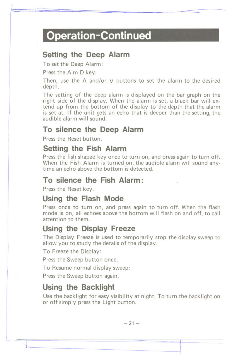 Setting the deep alarm, To silence the deep alarm, Setting the fish alarm | To silence the fish alarm, Using the flash mode, Using the display freeze, Using the backlight, Operation-continued | Uniden MC 800 User Manual | Page 24 / 42