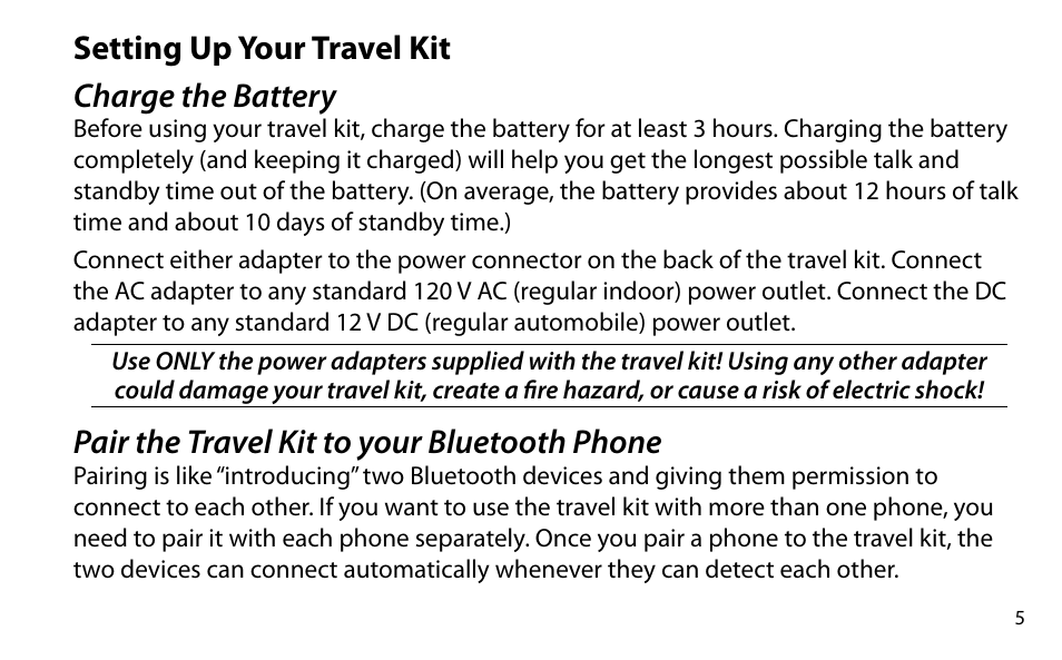 Setting up your travel kit charge the battery, Pair the travel kit to your bluetooth phone | Uniden BTSC1500 User Manual | Page 5 / 20