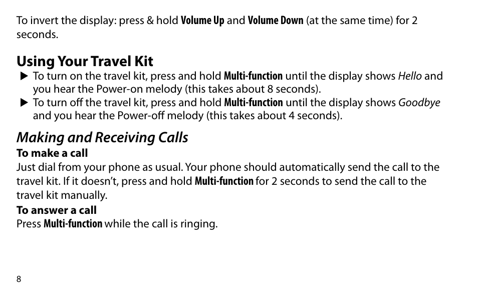 Using your travel kit, Making and receiving calls | Uniden BTSC1500 User Manual | Page 8 / 20