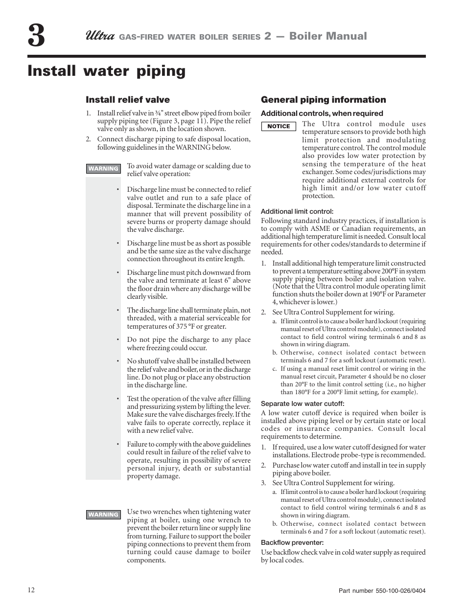 Install water piping, 2 — boiler manual | Ultra electronic -155 User Manual | Page 12 / 44