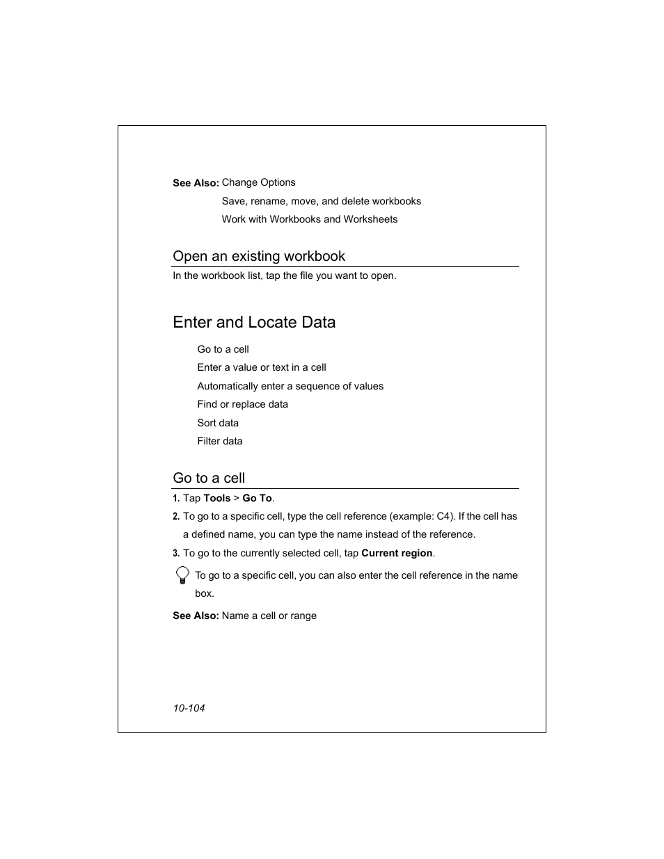 Enter and locate data, Open an existing workbook, Go to a cell | Unitech PA950 User Manual | Page 104 / 204