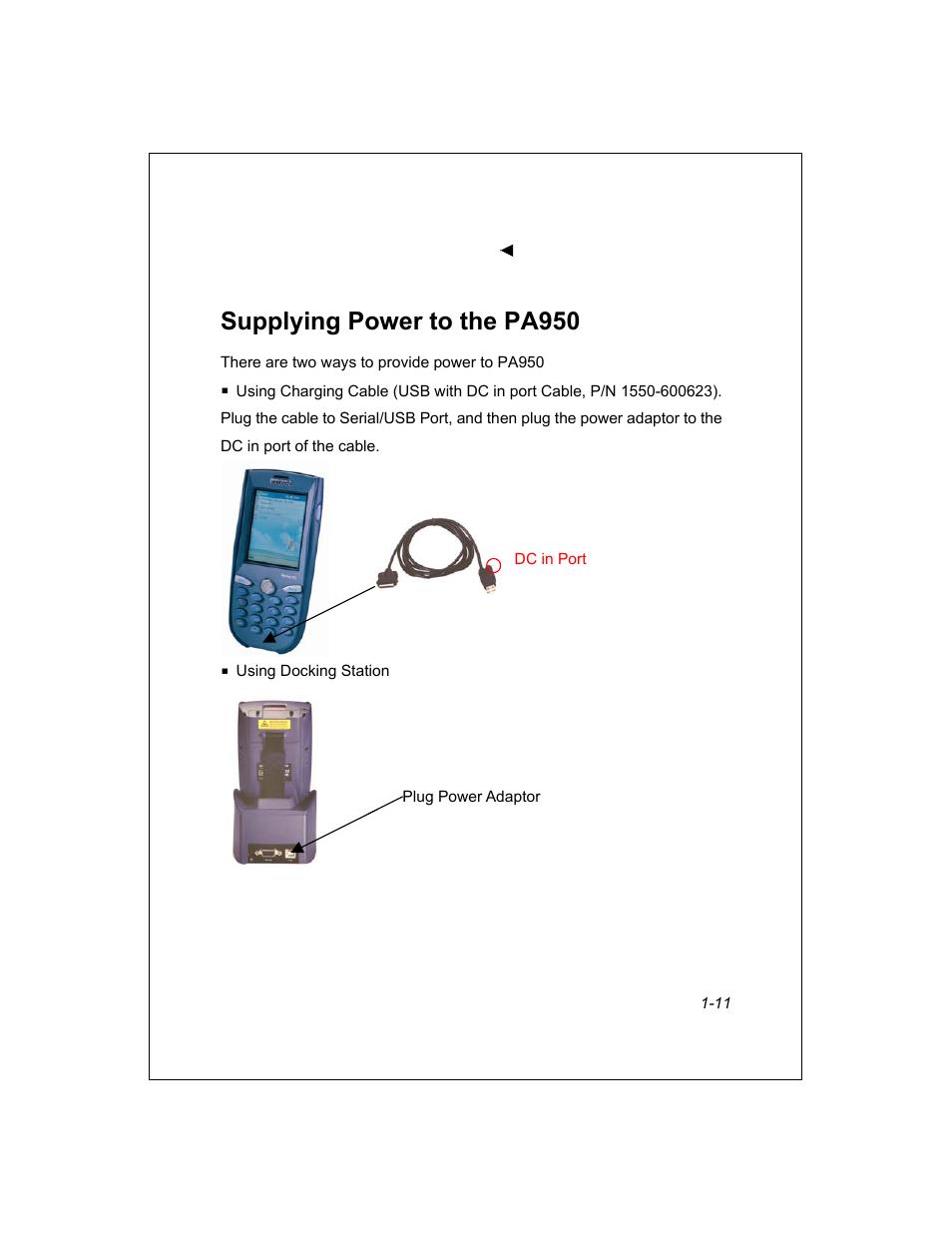 Supplying power to the pa950 | Unitech PA950 User Manual | Page 11 / 204