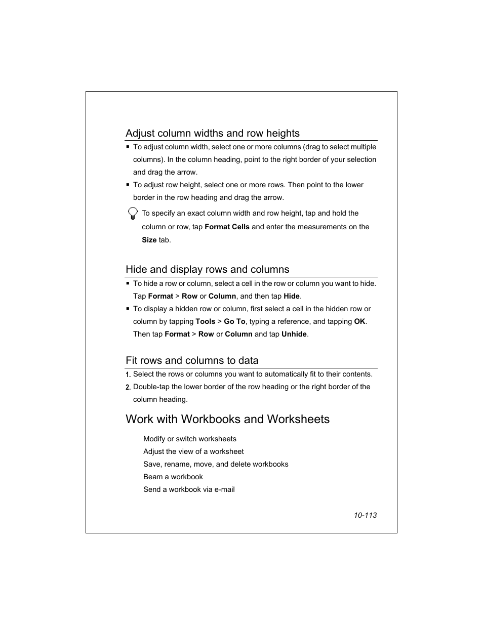 Work with workbooks and worksheets, Adjust column widths and row heights, Hide and display rows and columns | Fit rows and columns to data | Unitech PA950 User Manual | Page 113 / 204