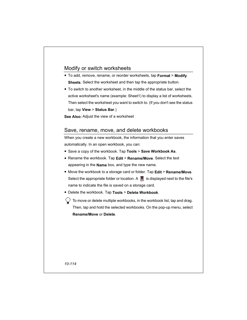 Modify or switch worksheets, Save, rename, move, and delete workbooks | Unitech PA950 User Manual | Page 114 / 204