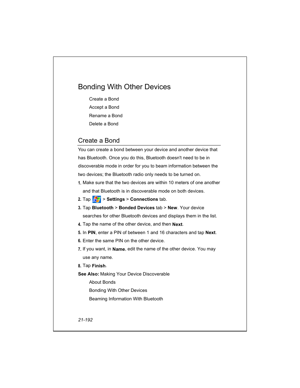 Bonding with other devices, Create a bond | Unitech PA950 User Manual | Page 192 / 204