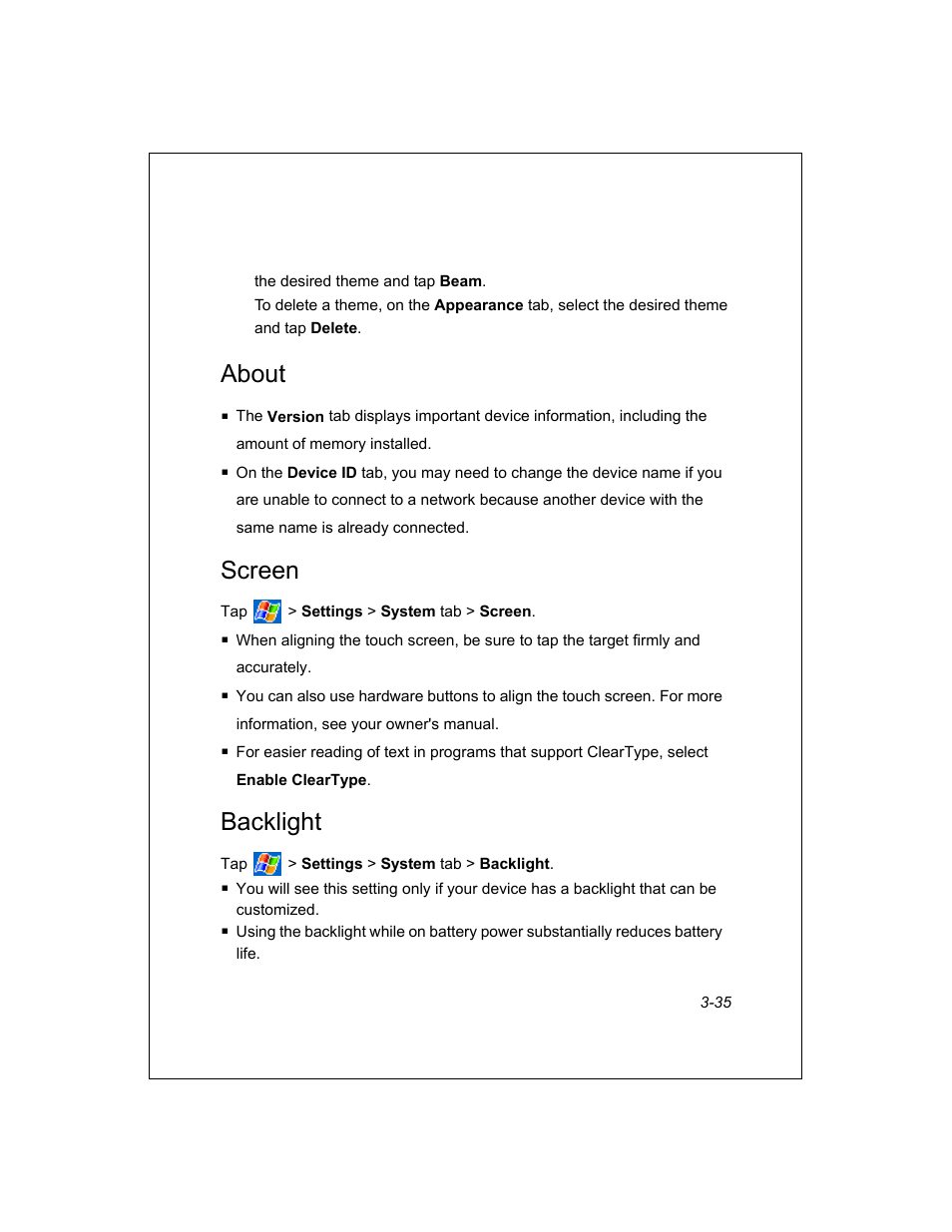 About, Screen, Backlight | Unitech PA950 User Manual | Page 35 / 204
