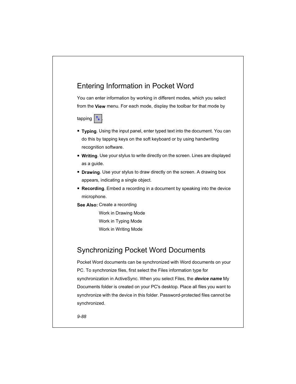 Entering information in pocket word, Synchronizing pocket word documents | Unitech PA950 User Manual | Page 88 / 204