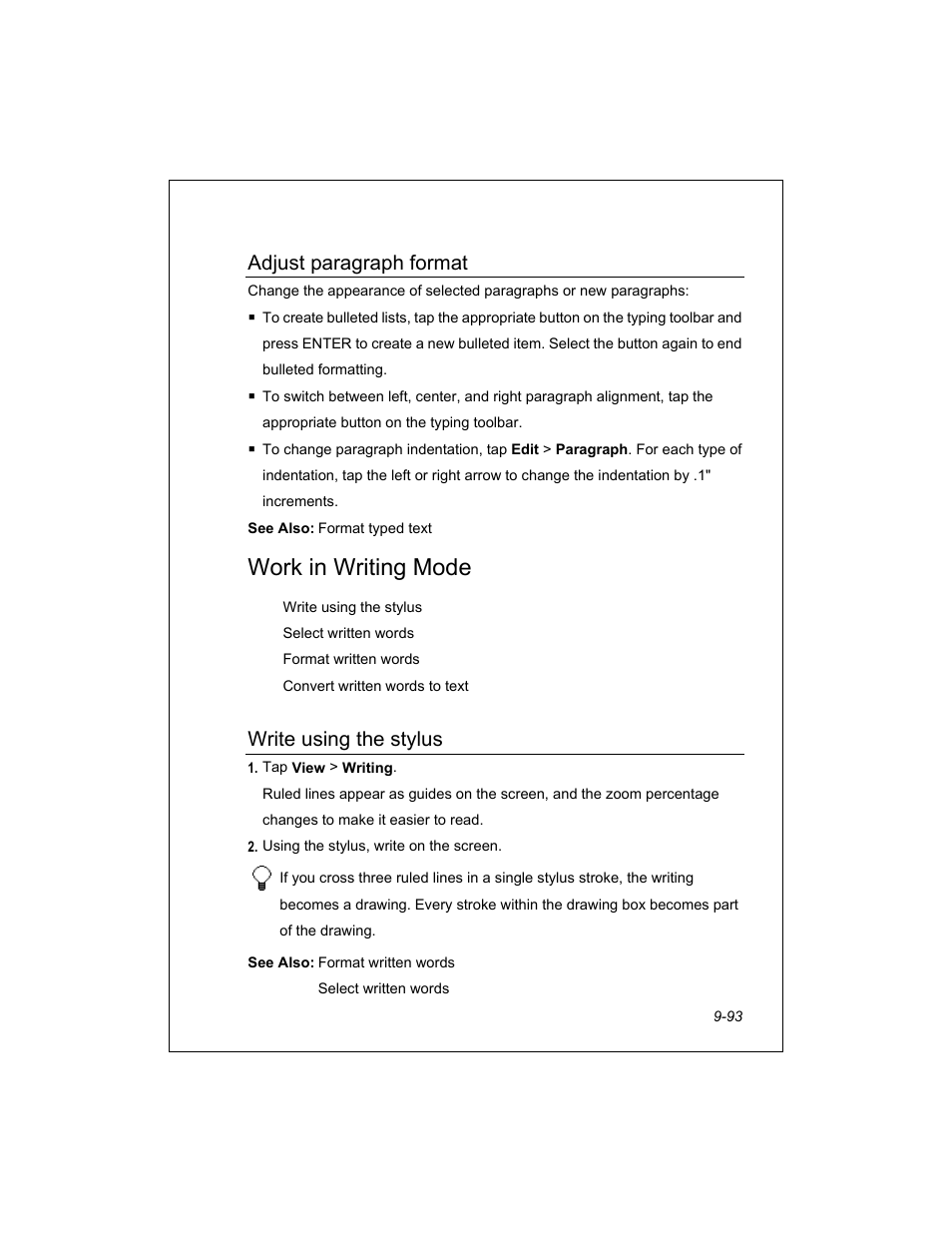 Work in writing mode, Adjust paragraph format, Write using the stylus | Unitech PA950 User Manual | Page 93 / 204