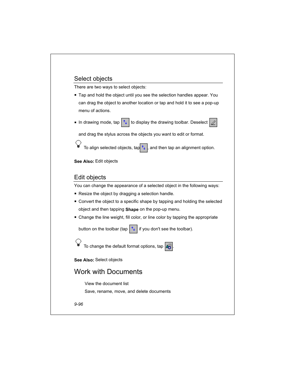Work with documents, Select objects, Edit objects | Unitech PA950 User Manual | Page 96 / 204