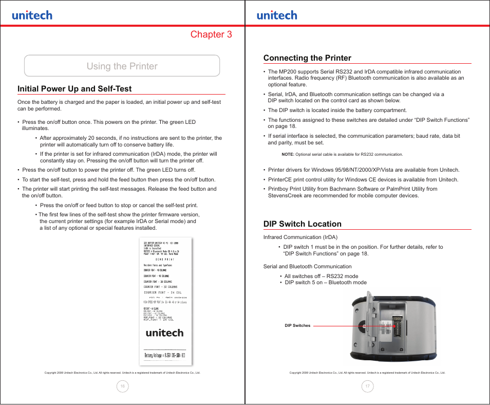 Using the printer chapter 3, Initial power up and self-test, Connecting the printer | Dip switch location | Unitech MP200 User Manual | Page 9 / 18