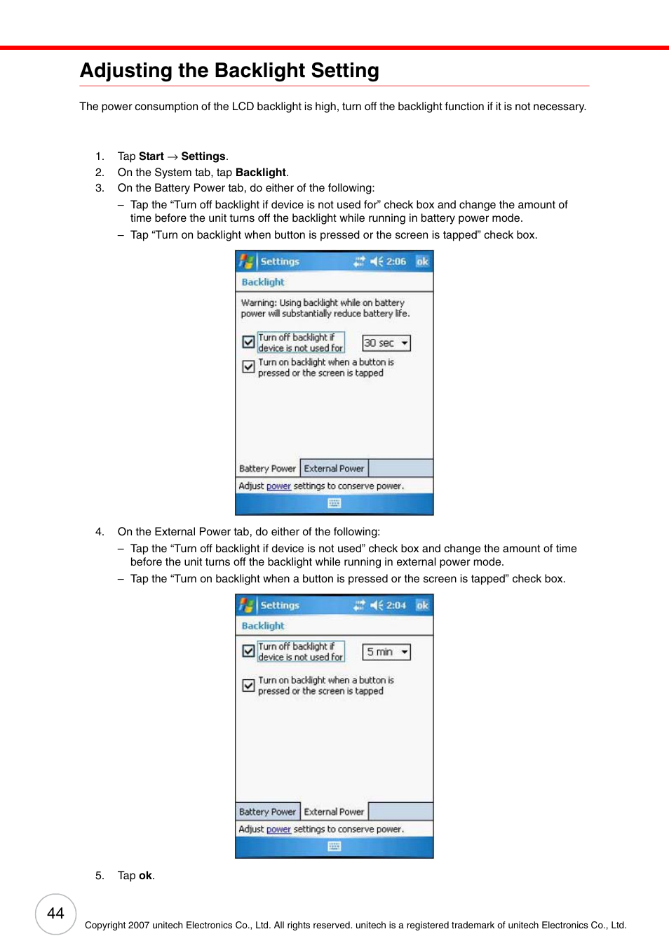 Adjusting the backlight setting | Unitech PA500 User Manual | Page 50 / 84