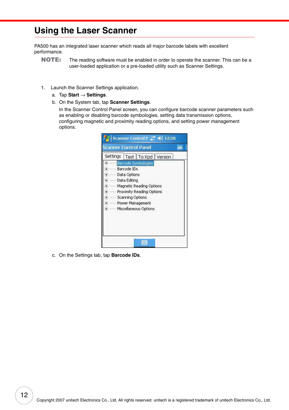 Using the laser scanner | Unitech ENTERPRISE PA500 User Manual | Page 18 / 84
