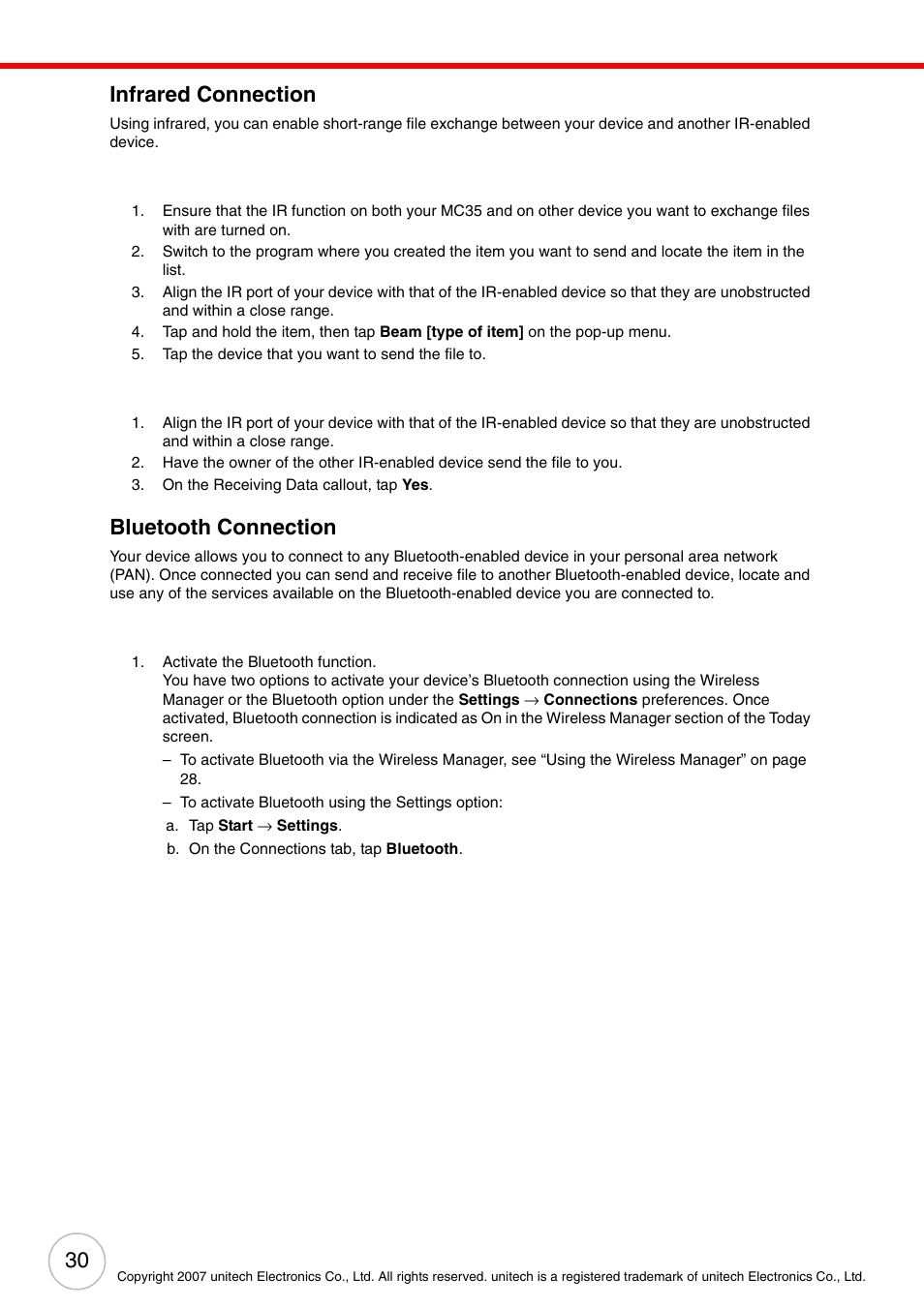 Infrared connection, Bluetooth connection, Infrared connection bluetooth connection | Unitech ENTERPRISE PA500 User Manual | Page 36 / 84