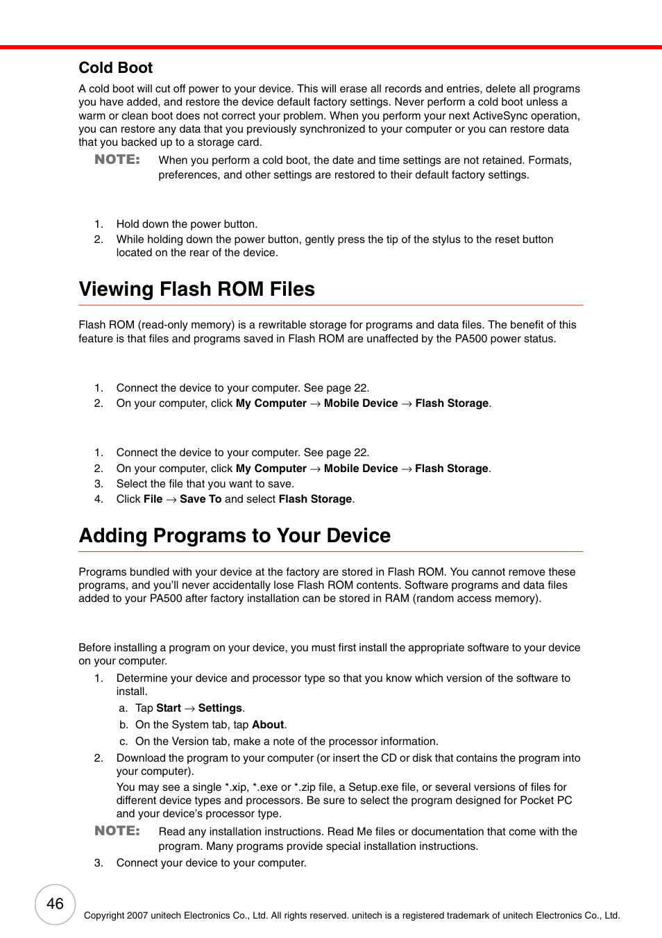 Cold boot, Viewing flash rom files, Adding programs to your device | Unitech ENTERPRISE PA500 User Manual | Page 52 / 84
