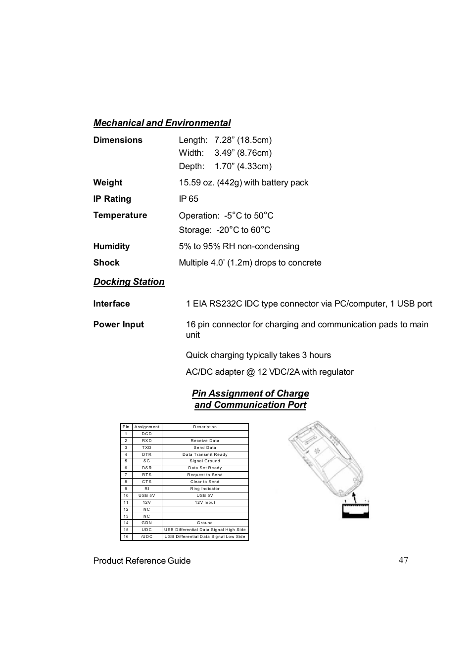 Docking station, Product reference guide, C to 60 | Ctemperature operation: -5, C to 50 | Unitech PA962 User Manual | Page 47 / 51