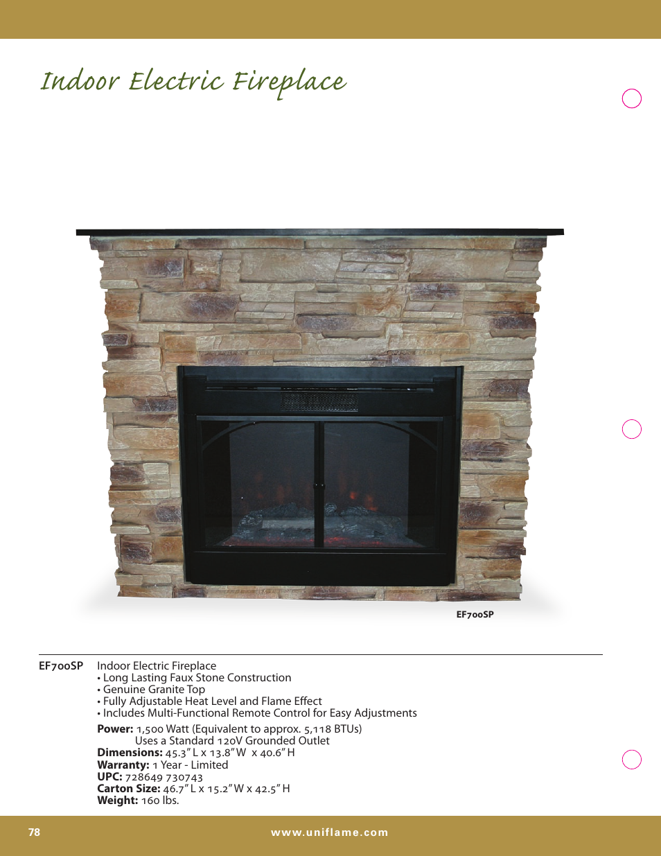 Indoor electric fireplace | Uniflame S-7700 User Manual | Page 78 / 80