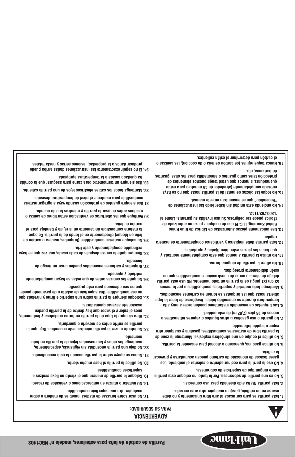 Advertencia | Uniflame Outdoor Charcoal Barbecue Grill NBC1402 User Manual | Page 11 / 12