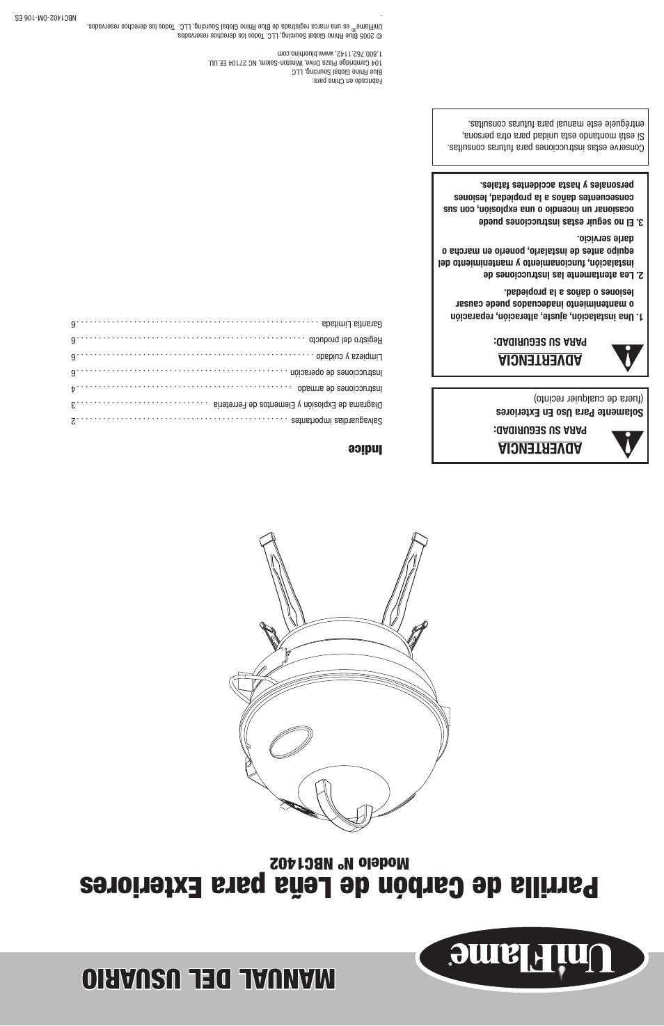 Parrilla de carbón de leña para exteriores, Manual del usu ario, Modelo nº nbc1402 | Advertencia, Indice | Uniflame Outdoor Charcoal Barbecue Grill NBC1402 User Manual | Page 12 / 12