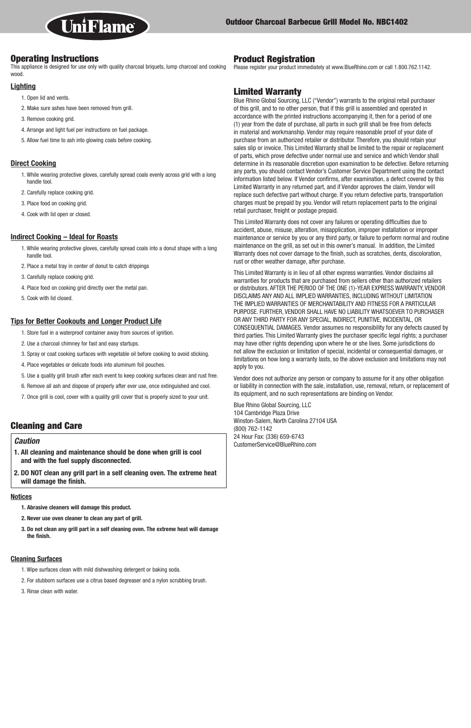 Operating instructions, Cleaning and care, Product registration | Limited warranty | Uniflame Outdoor Charcoal Barbecue Grill NBC1402 User Manual | Page 6 / 12