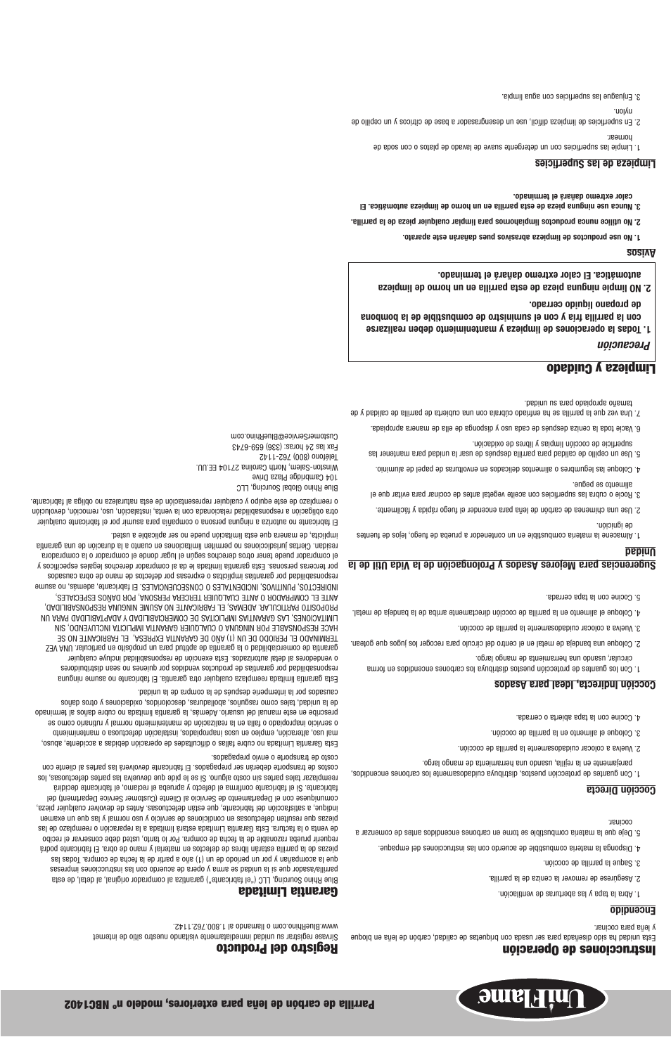 Instrucciones de operación, Limpieza y cuidado, Registro del producto | Garantia limitada, Precaución | Uniflame Outdoor Charcoal Barbecue Grill NBC1402 User Manual | Page 7 / 12