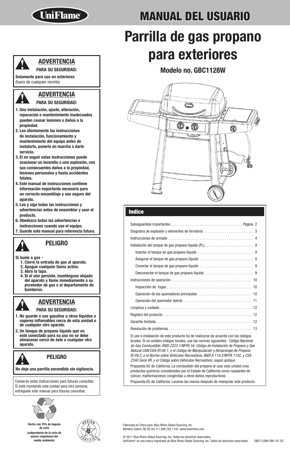 Parrilla de gas propano para exteriores, Manual del usuario, Modelo no. gbc1128w | Advertencia, Peligro, Indice | Uniflame GBC1128W User Manual | Page 15 / 28