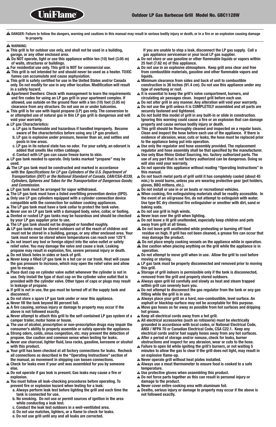 Uniflame GBC1128W User Manual | Page 2 / 28