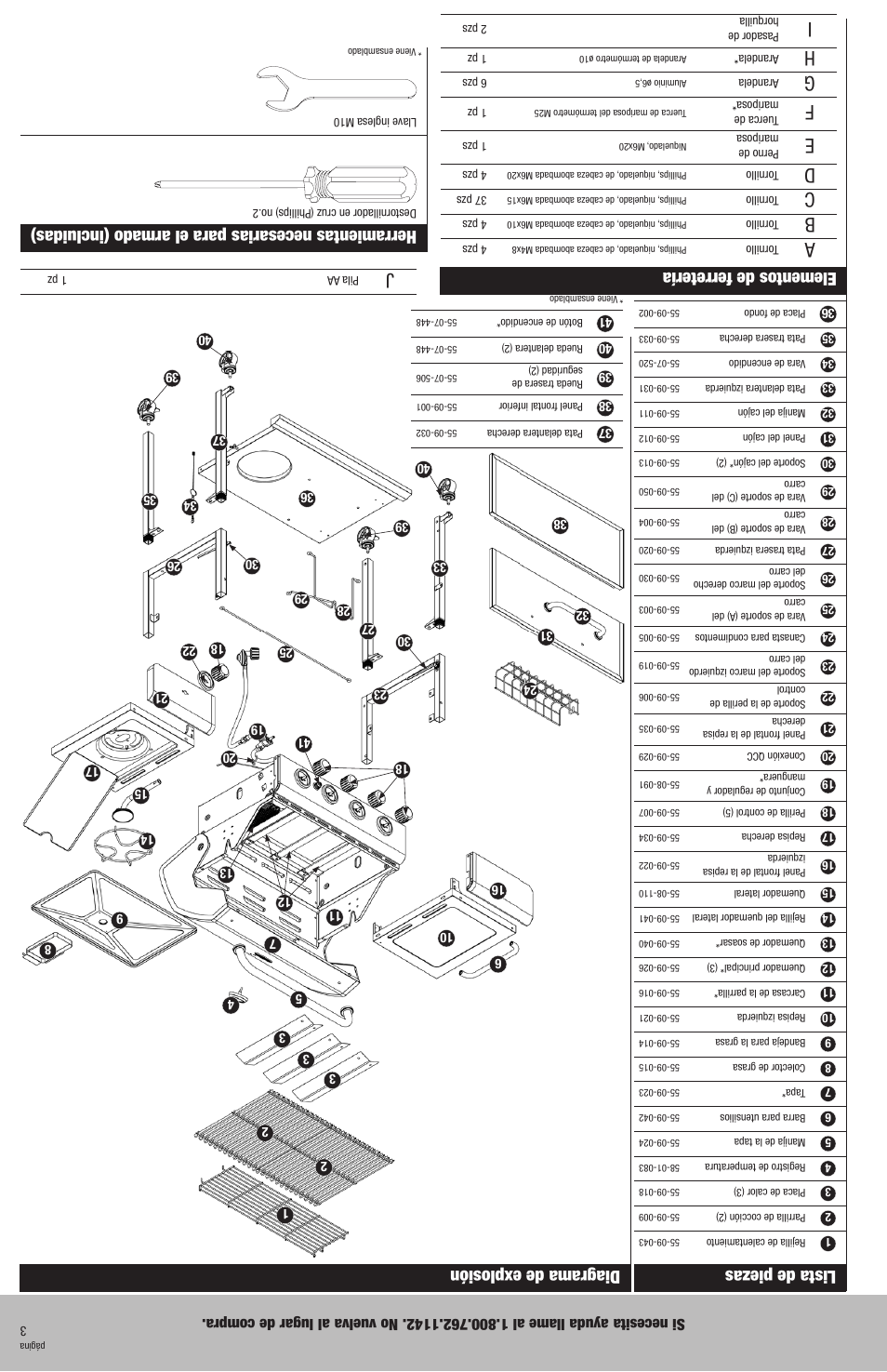 Lista de piezas, Diagrama de explosión, Herramientas necesarias para el armado (incluidas) | Elementos de ferretería | Uniflame GBC940WIR User Manual | Page 26 / 28