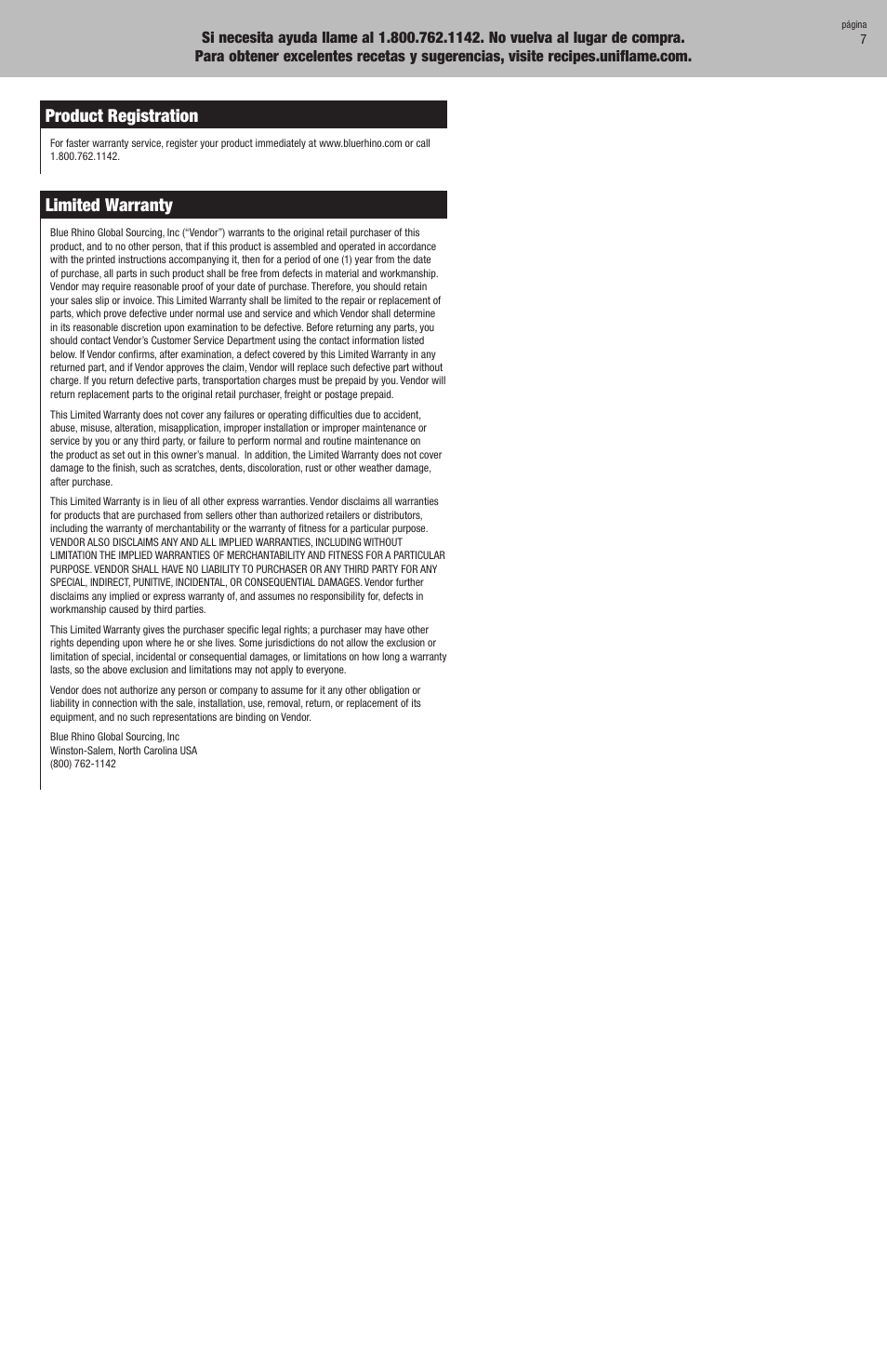 Product registration, Limited warranty | Uniflame CBC1103W User Manual | Page 7 / 16