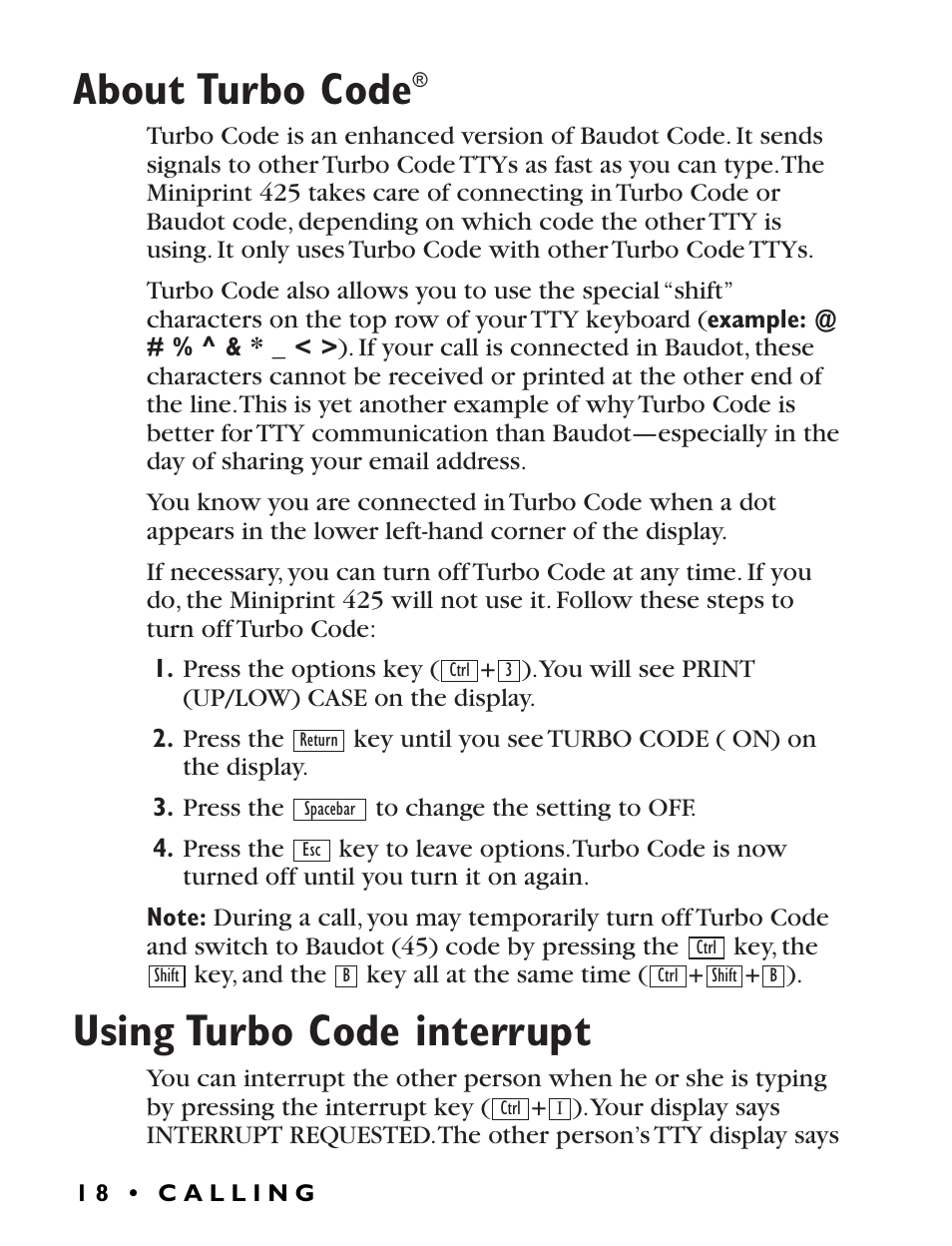 About turbo code, Using turbo code interrupt | Ultratec Miniprint 425 User Manual | Page 20 / 44