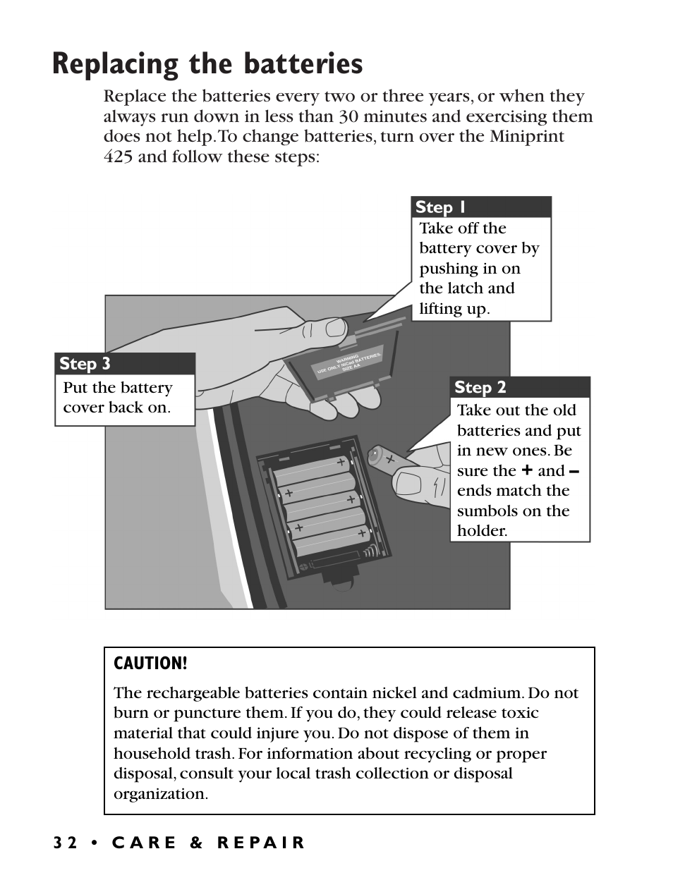 Replacing the batteries | Ultratec Miniprint 425 User Manual | Page 34 / 44