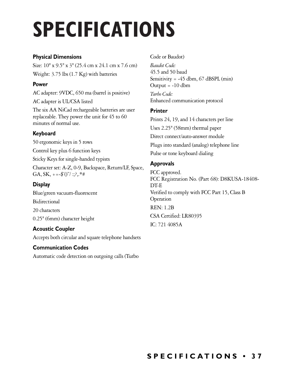 Specifications | Ultratec Miniprint 425 User Manual | Page 39 / 44