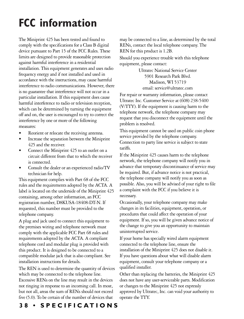 Fcc information | Ultratec Miniprint 425 User Manual | Page 40 / 44