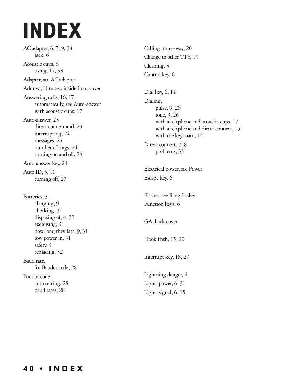 Index | Ultratec Miniprint 425 User Manual | Page 42 / 44