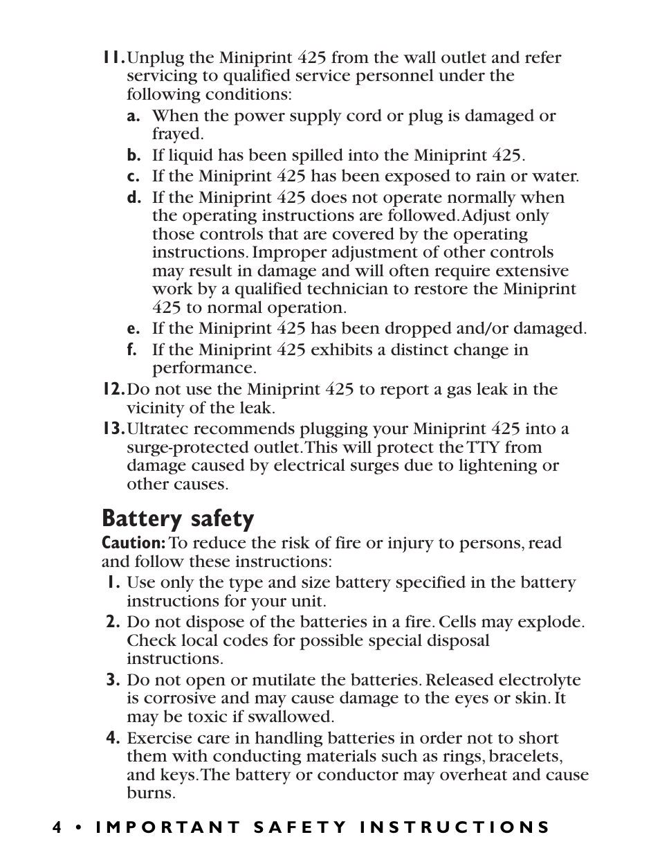 Battery safety | Ultratec Miniprint 425 User Manual | Page 6 / 44